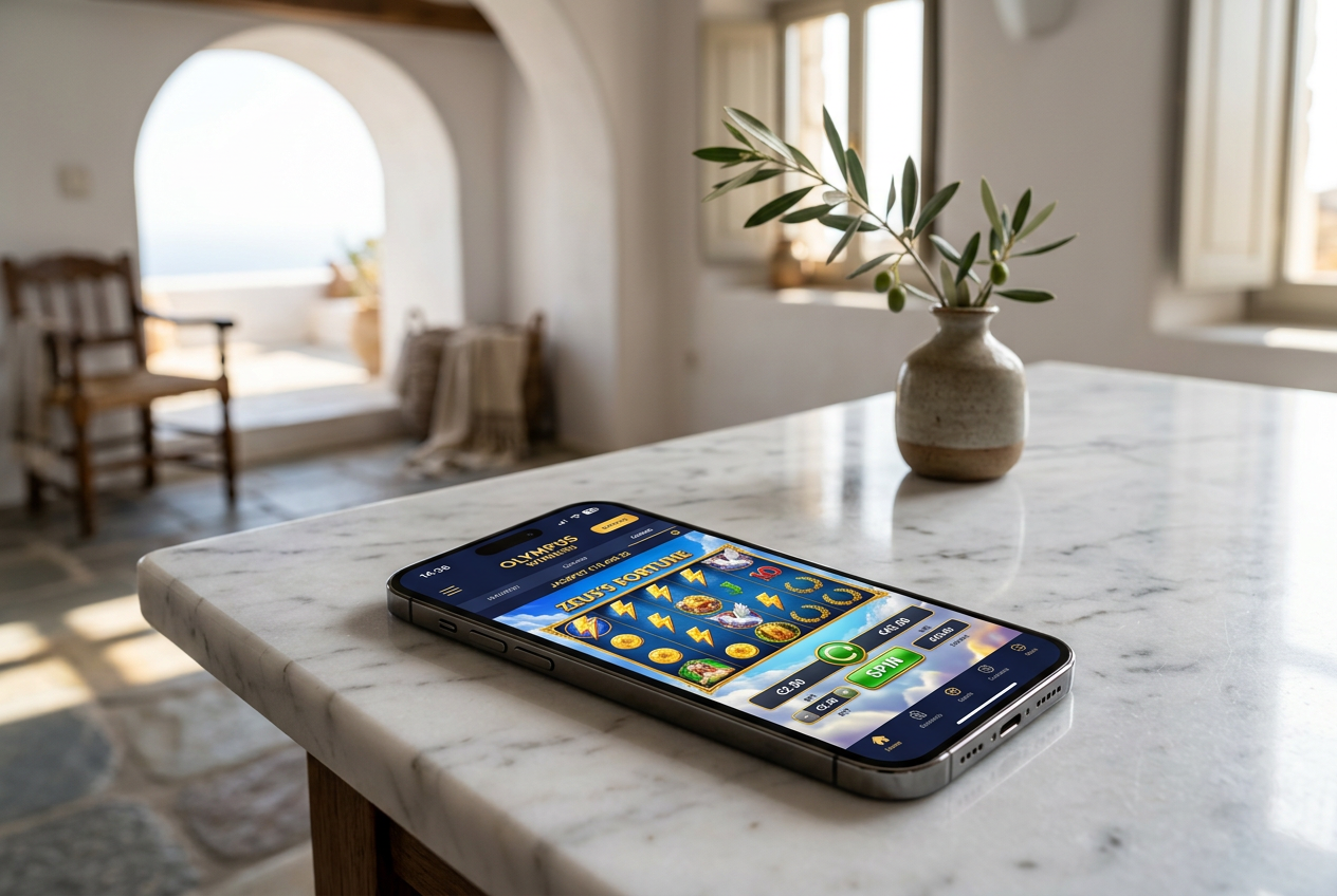 A high-end smartphone displaying a casino interface on a marble desk.