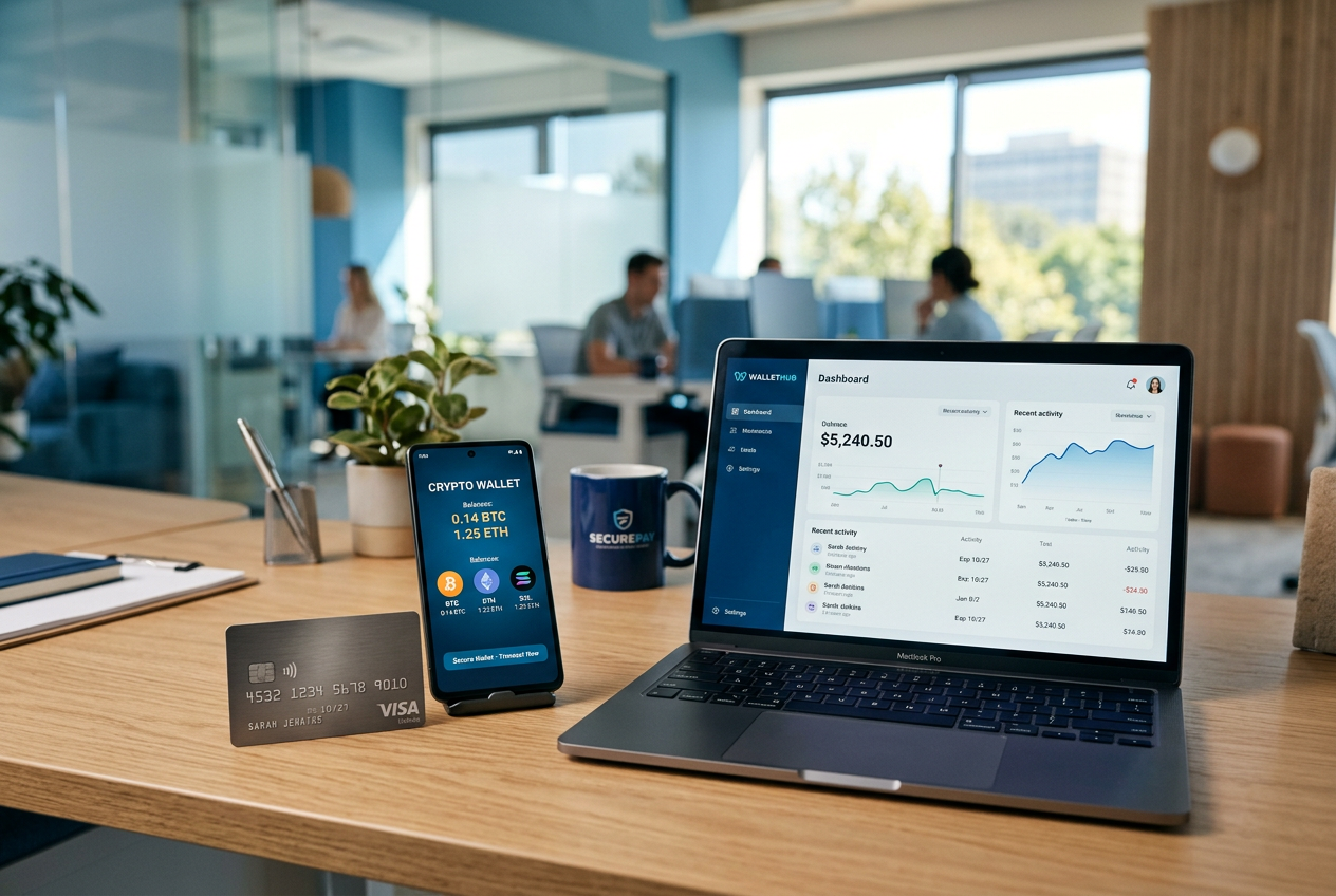 Digital payment icons and credit cards on a tech-focused workspace.