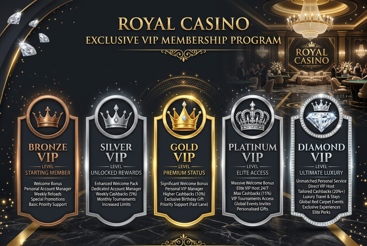 Lizaro VIP Levels Infographic showing Bronze, Silver, Gold, Platinum, and Diamond tiers with luxury theme