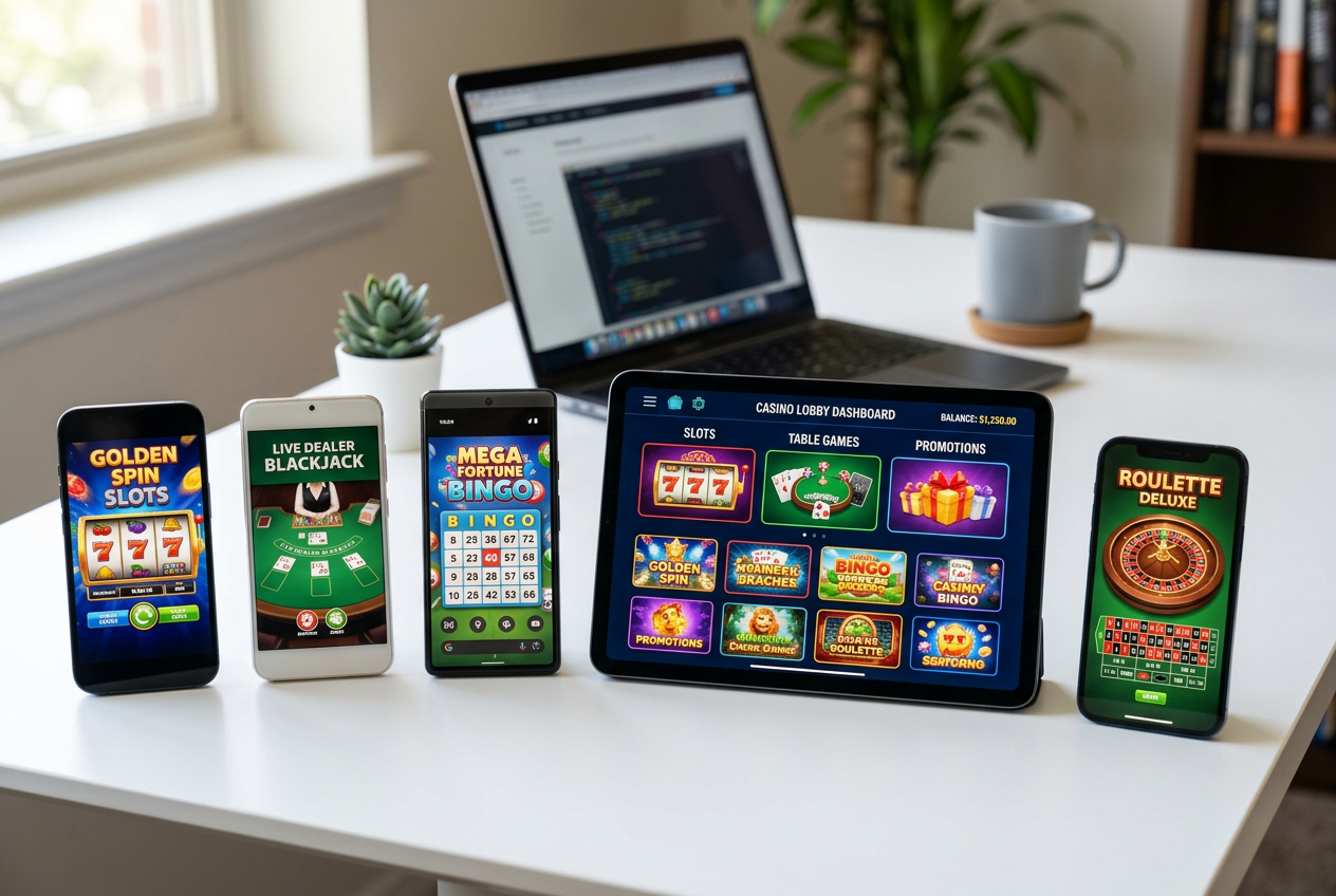 Smartphones and tablets on a white desk showing casino apps.