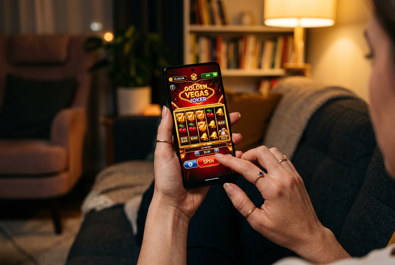 User playing mobile slots on a smartphone.