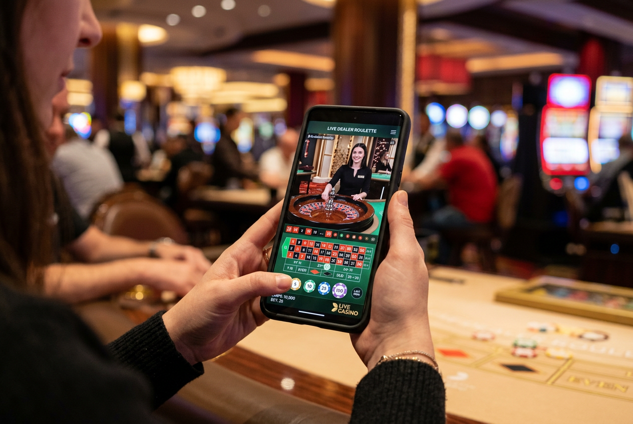 Παίκτης που χρησιμοποιεί εφαρμογή live casino σε smartphone
