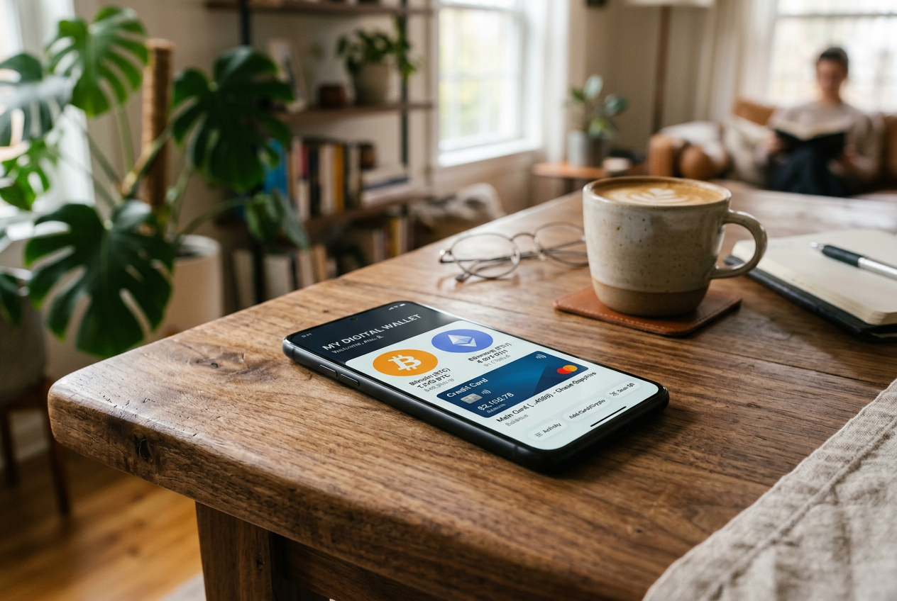 Digital payment methods including Bitcoin and Ethereum symbols on a smartphone.