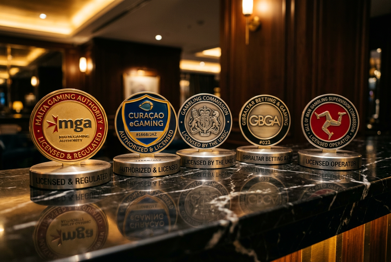 Official casino license seals and badges on a professional background.