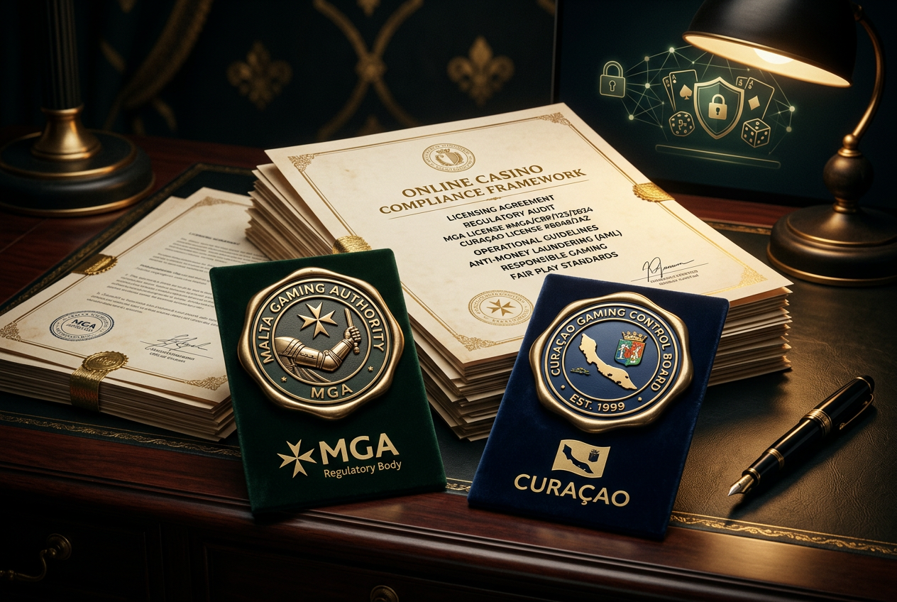 Online casino licensing authorities layout showing MGA and Curacao seals